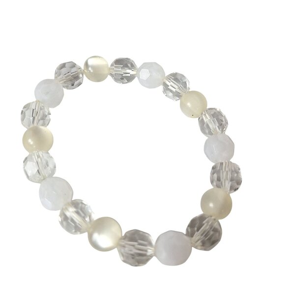 Elegant Beaded Stretch Bracelet Faceted Crystal Pearl Matte White Jewelry - Picture 1 of 4